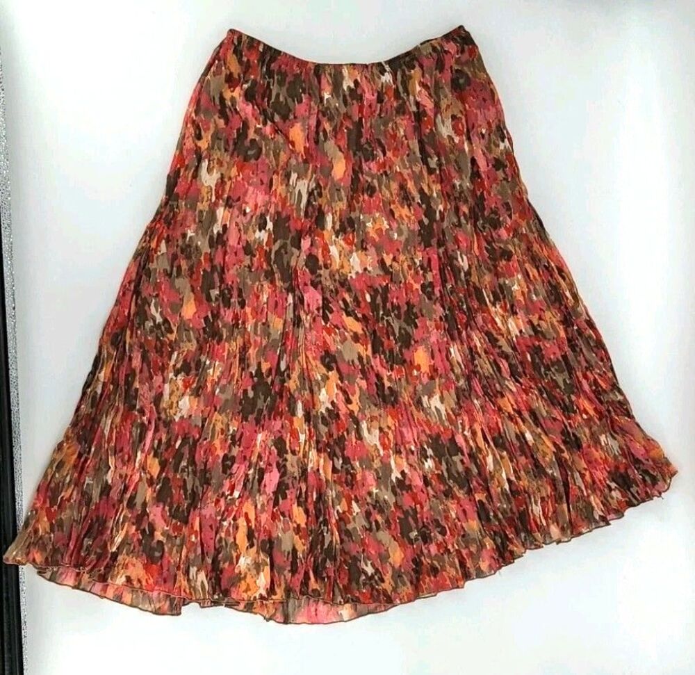 Earthy Abstract Pleated Midi Maxi Skirt Size 12P Layered Boho Artsy Fall Rust